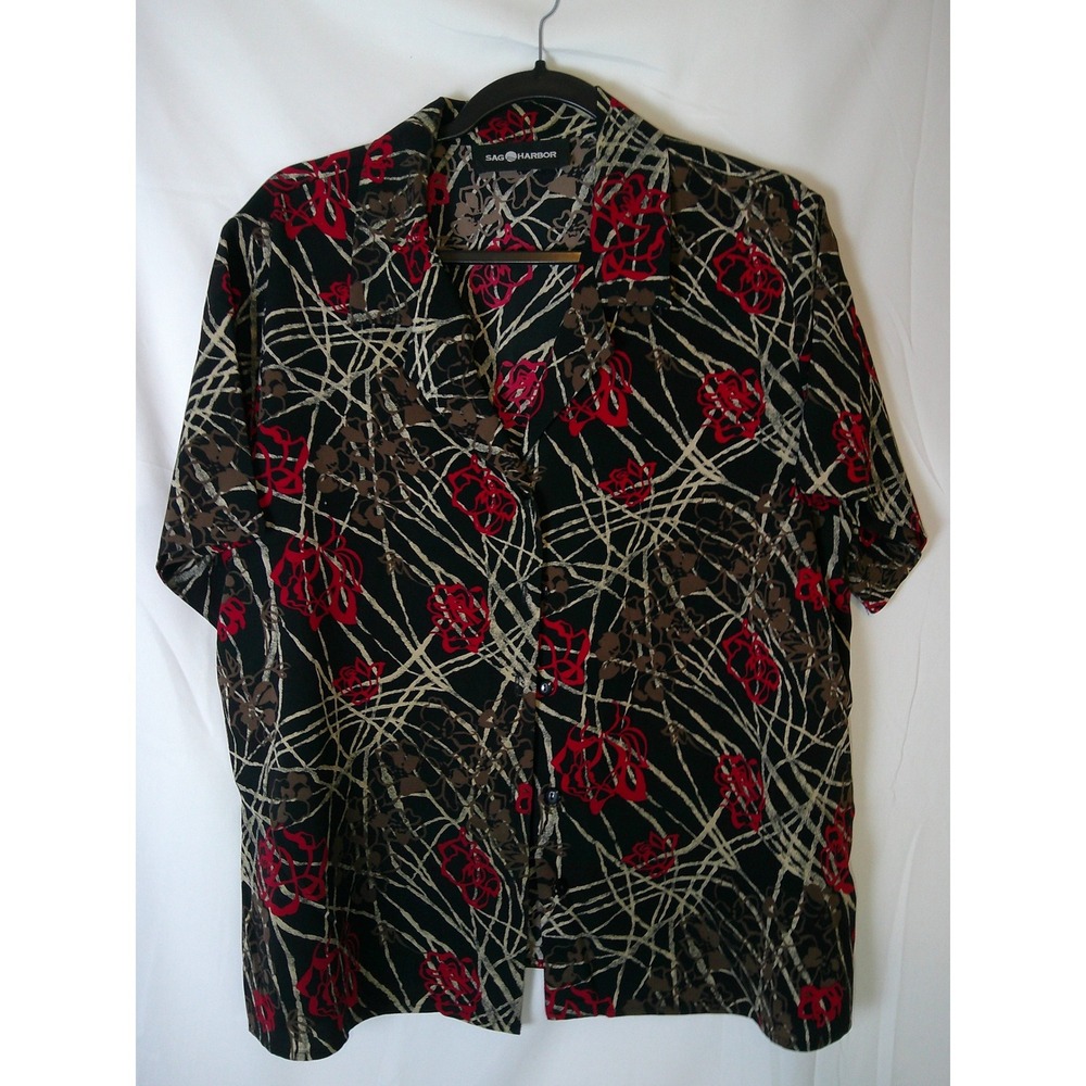 Sag Harbor Womens Short Sleeve Button Up Blouse Black‎ Red Abstract Large